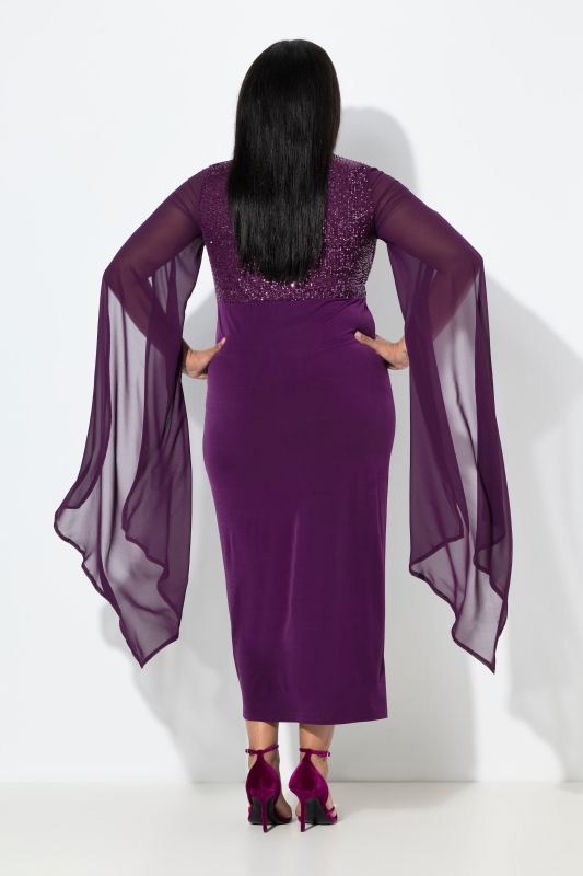 Robe maxi en mousseline, paillettes, décolleté en V et manches longues