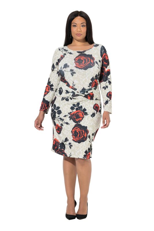 Robe en jersey coupe Slim, avec motif roses et décolleté en V au dos