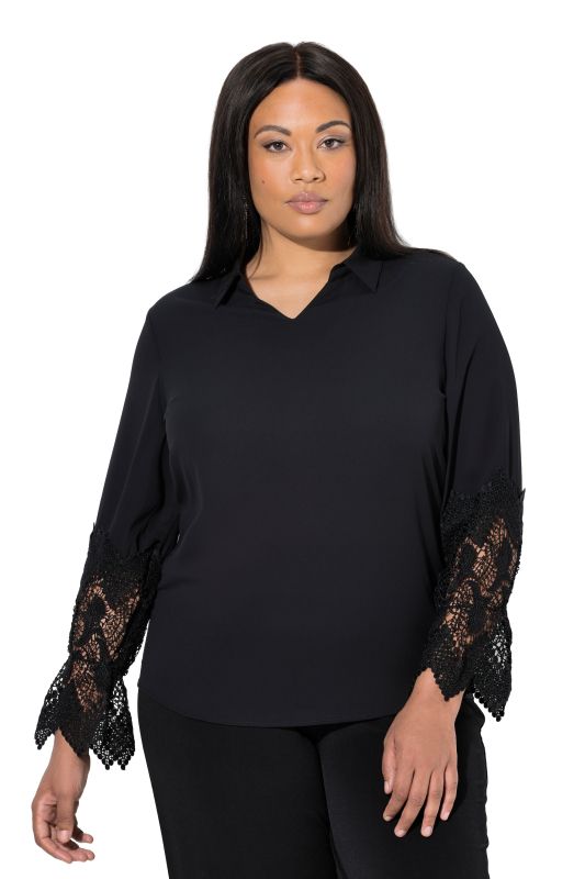 Chemisier en crêpe avec dentelle, col chemise, encolure en V et manches longues