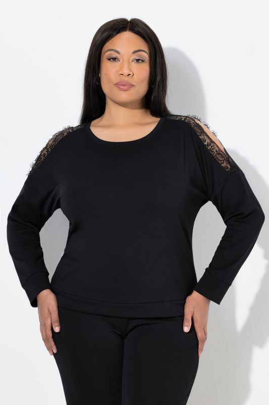 Sweat-shirt col rond et manches longues, empiècements en dentelle