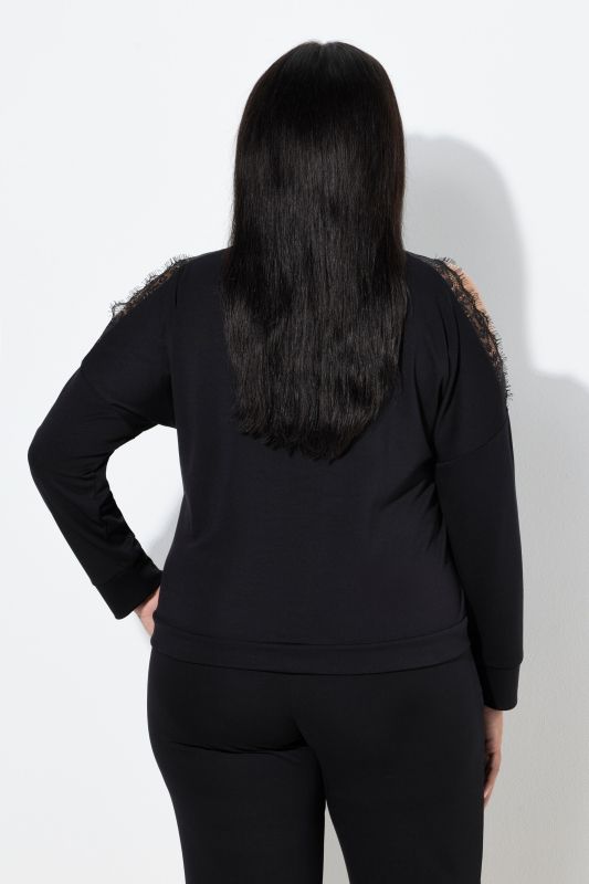 Sweat-shirt col rond et manches longues, empiècements en dentelle