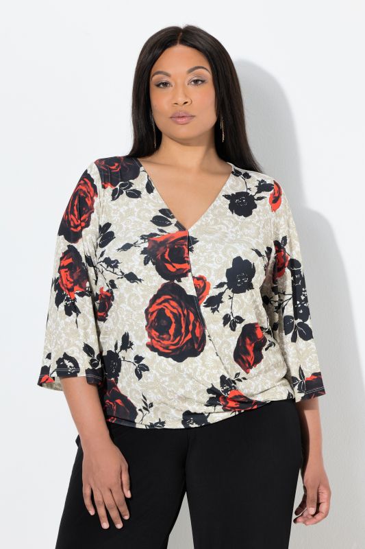 T-shirt à motif roses et effet cache-cœur, manches cloche 3/4