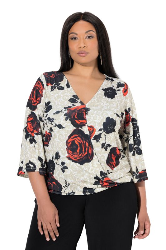 T-shirt à motif roses et effet cache-cœur, manches cloche 3/4
