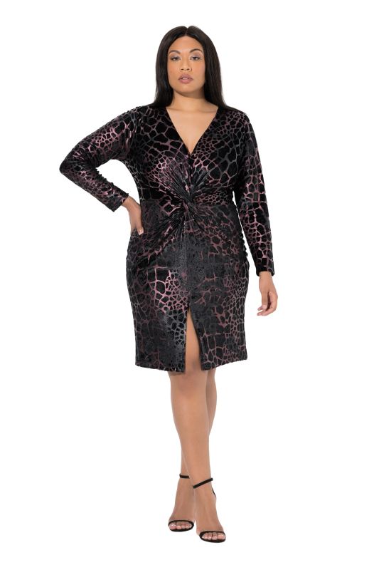 Robe en jersey, imprimé floqué animal, décolleté en V et manches longues