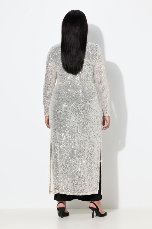 Veste longue à paillettes, encolure en V et manches longues