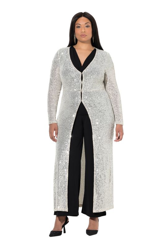 Veste longue à paillettes, encolure en V et manches longues
