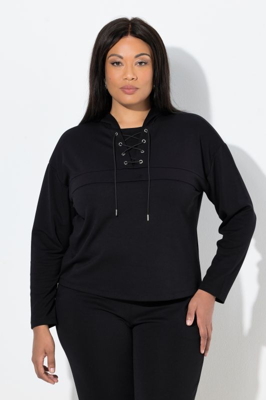 Sweat-shirt à capuche, manches longues, couture horizontale et laçage