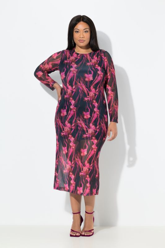 Robe maxi en tulle, fronces, décolleté rond et manches longues