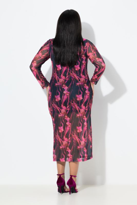 Robe maxi en tulle, fronces, décolleté rond et manches longues