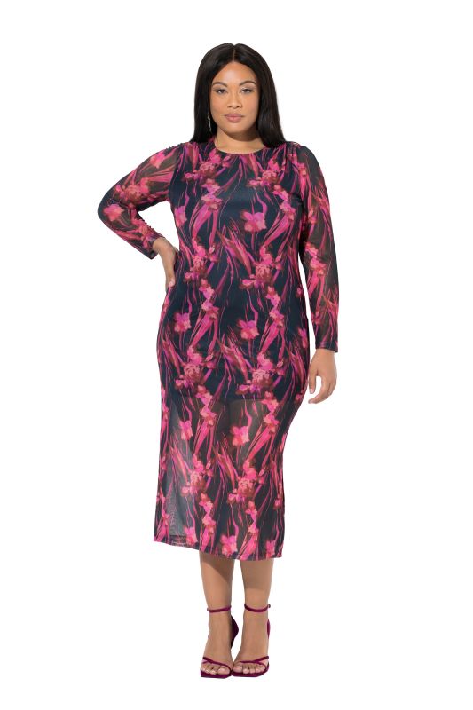 Robe maxi en tulle, fronces, décolleté rond et manches longues