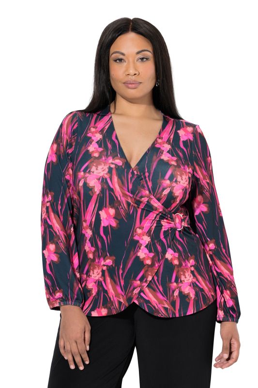 T-shirt à fleurs, esprit cache-cœur, décolleté en V et manches longues, coupe évasée