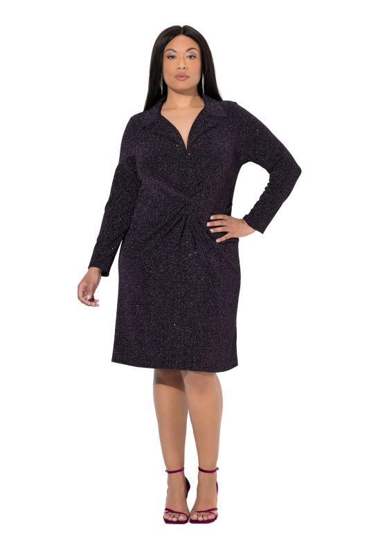 Robe en jersey pailleté, col à revers et manches longues