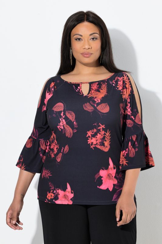 T-shirt à col rond et manches 3/4. motif floral et découpe  trou de serrure 