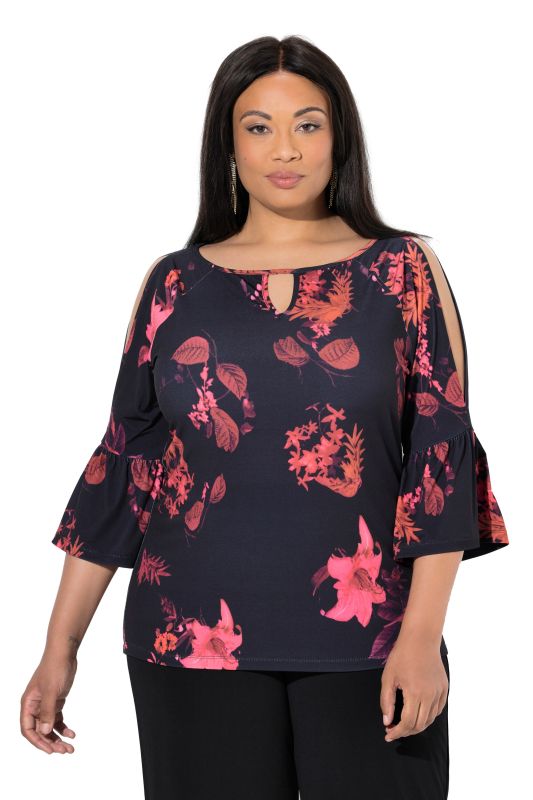 T-shirt à col rond et manches 3/4. motif floral et découpe  trou de serrure 
