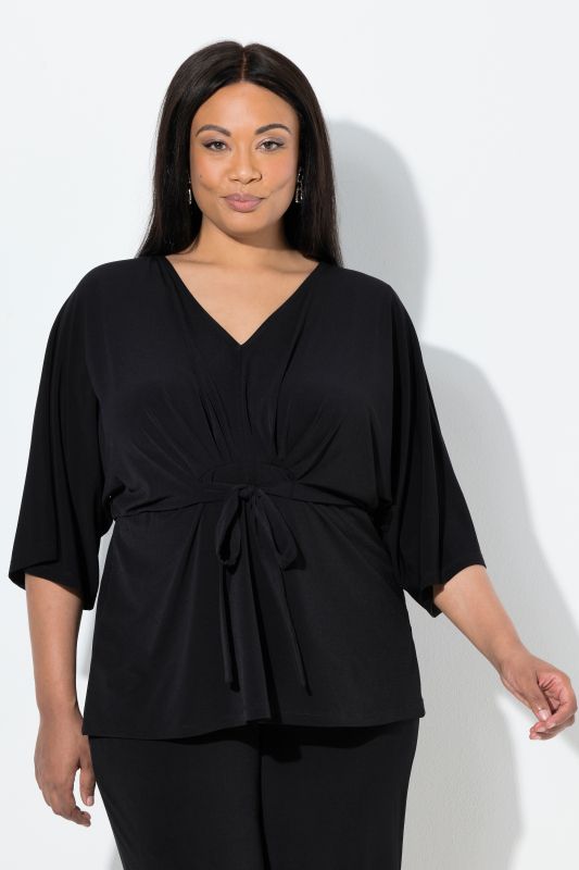 T-shirt esprit kimono, ceinture à nouer, décolleté en V et manches 3/4