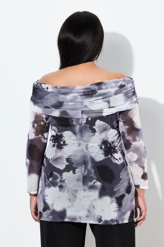 T-shirt en tulle, motif à fleurs, épaules découvertes et manches longues