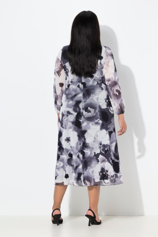 Robe maxi en tulle, motif à fleurs, décolleté en V et manches longues, coupe évasée