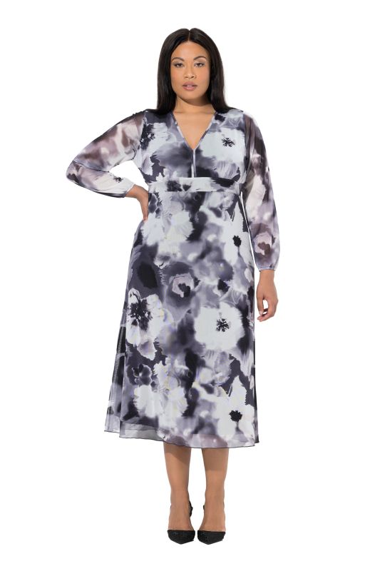 Robe maxi en tulle, motif à fleurs, décolleté en V et manches longues, coupe évasée