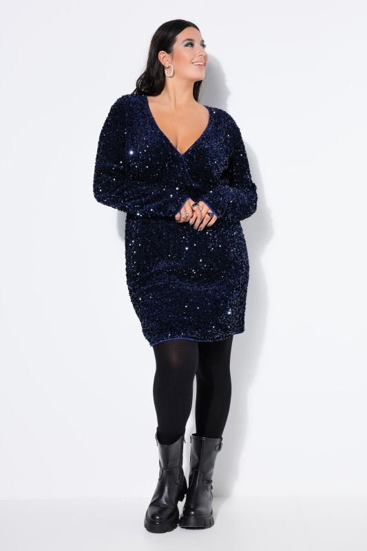 Robe portefeuille à col en V et manches longues, strass