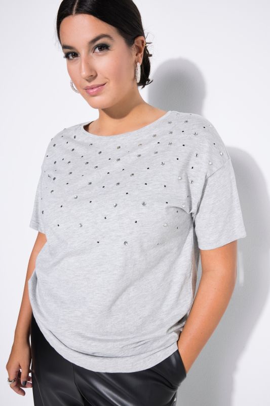 T-shirt décolleté rond, petites pierres fantaisie