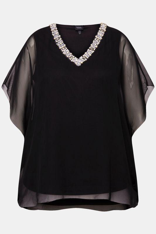 Blouse en mousseline, décolleté en V et manches courtes, doublure