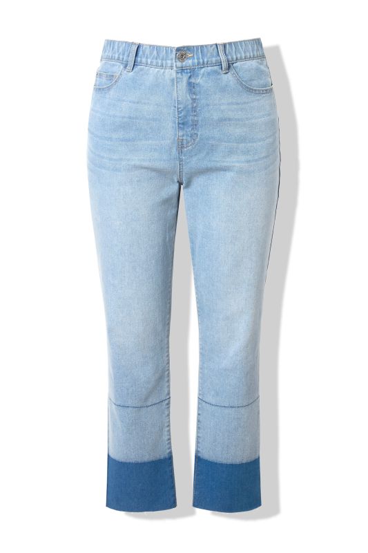 Jean Mom en denim foncé, bas de jambe effiloché, coupe 5 poches