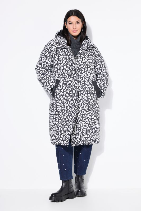 Manteau matelassé motif léopard, capuche et fermeture zippée à double sens