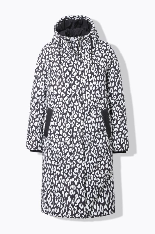 Manteau matelassé motif léopard, capuche et fermeture zippée à double sens