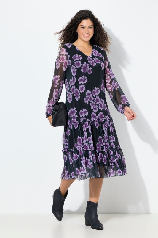 Robe midi doublée, imprimé fleurs, col en V et manches longues
