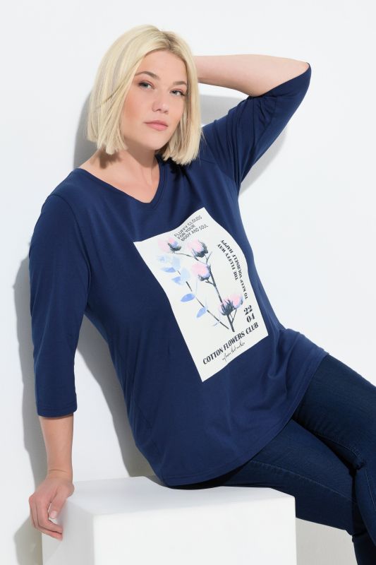 T-shirt motif branche de coton, coupe Classic Fit, décolleté en V et manches 3/4