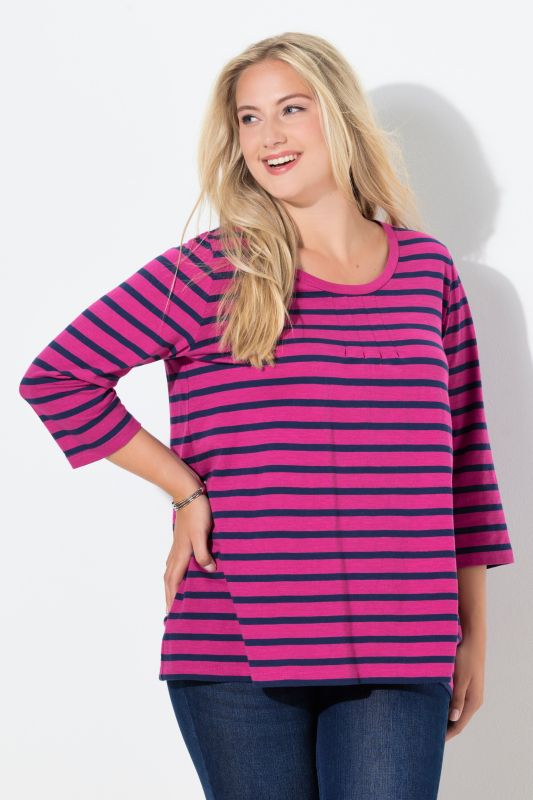 T-shirt rayé avec plis fantaisie, col rond et manches 3/4, coupe évasée