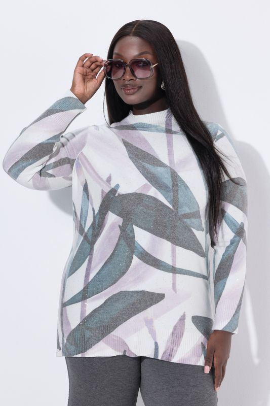 Pull à col montant et manches longues, motif feuilles avec strass