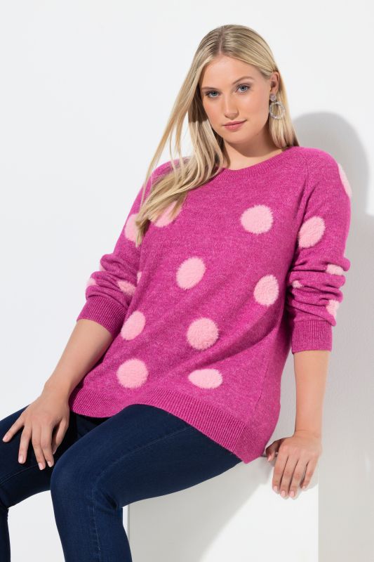 Pull motif pois, col rond et manches longues raglan