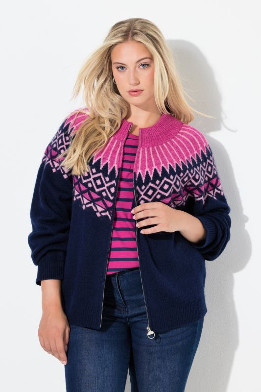 Cardigan motif norvégien, col montant et manches longues, fermeture zippée