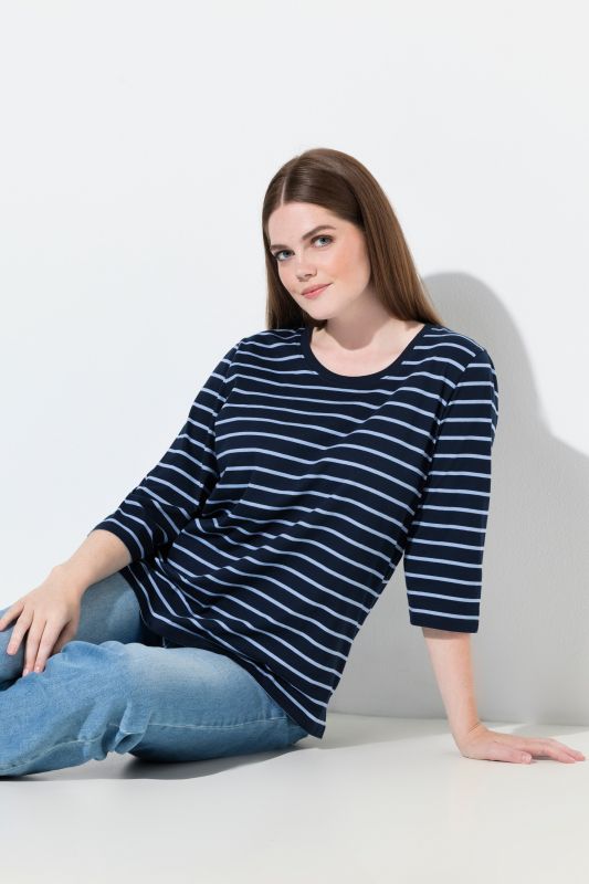 T-shirt en coton bio, décolleté rond et manches 3/4, motif à rayures