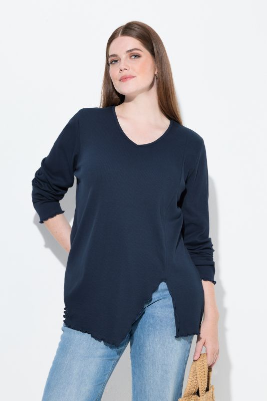 T-shirt en jersey côtelé de coton bio, décolleté en V et manches longues