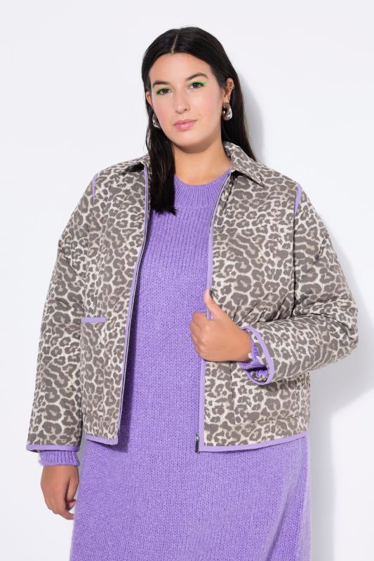 Veste matelassée oversize, col chemise, imprimé léopard et passepoil coloré