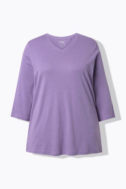 T-shirt, jersey bord-côte. Col en V et manches 3/4. Coton bio