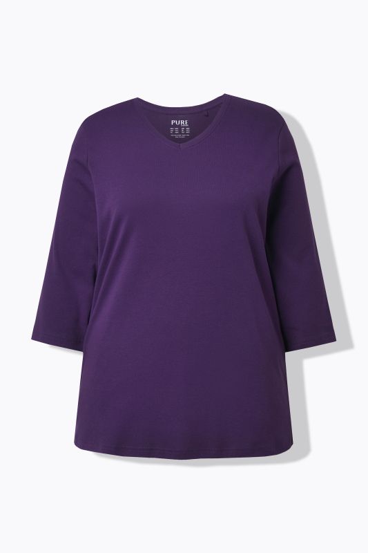T-shirt, jersey bord-côte. Col en V et manches 3/4. Coton bio