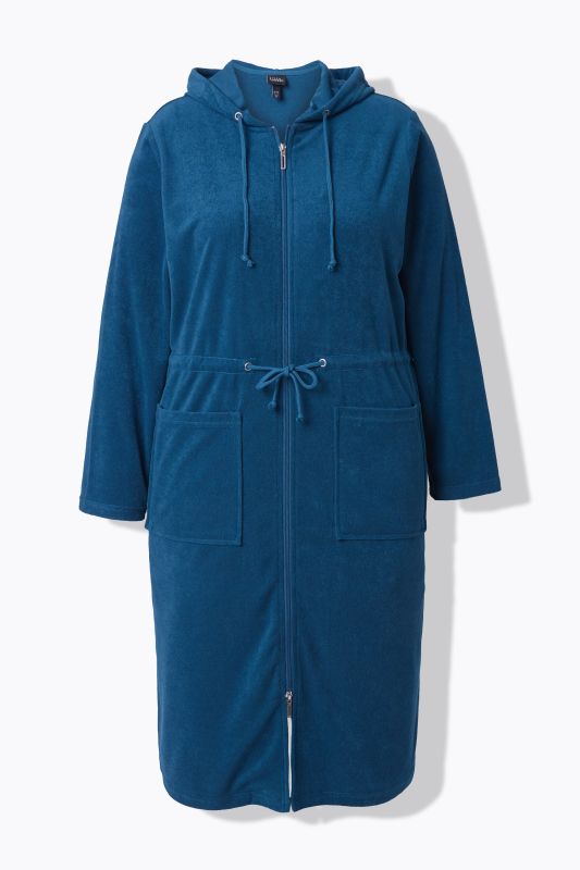 Peignoir à capuche en tissu éponge, fermeture à glissière à double sens