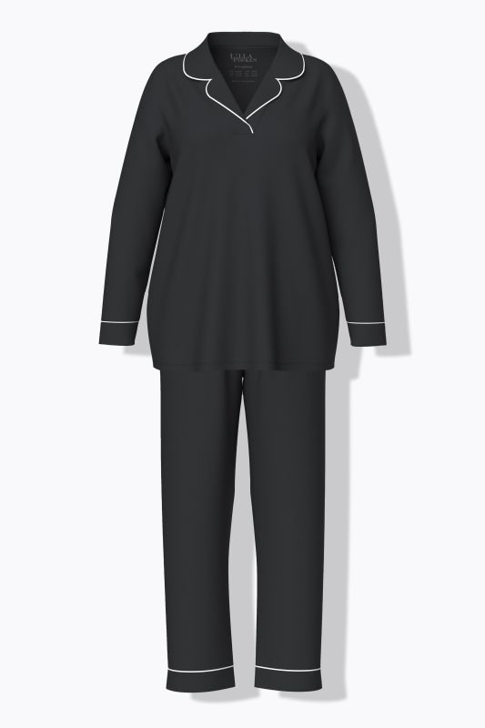 Pyjama manches longues, passepoils fantaisie, décolleté en V