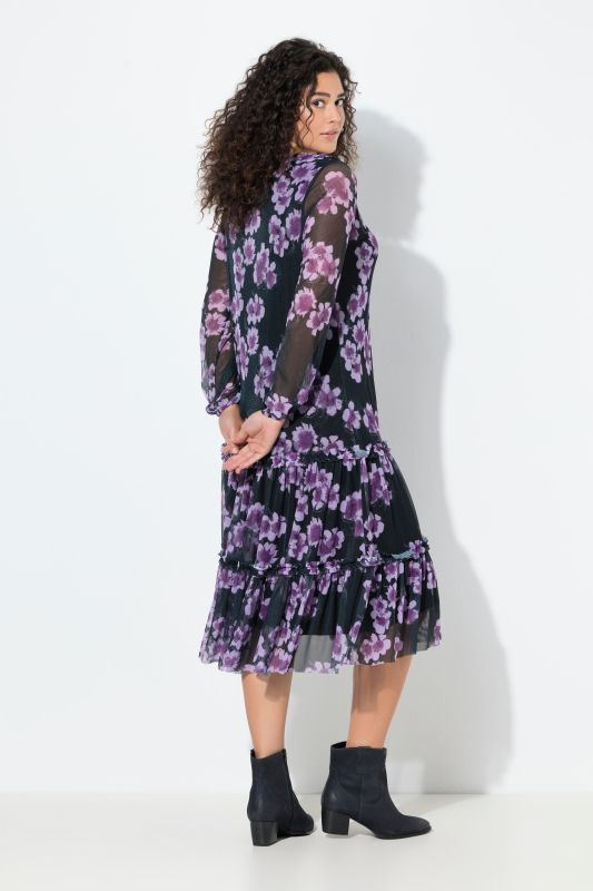 Robe midi doublée, imprimé fleurs, col en V et manches longues