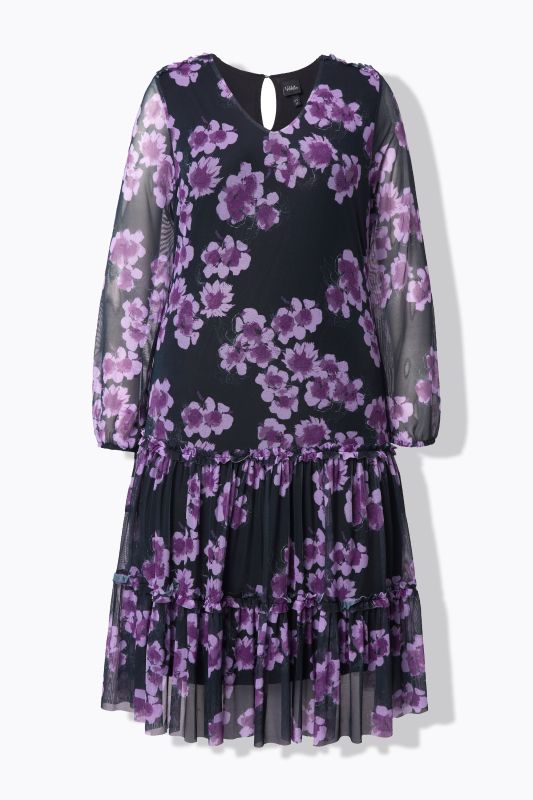 Robe midi doublée, imprimé fleurs, col en V et manches longues