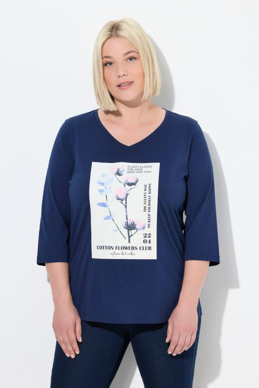 T-shirt motif branche de coton, coupe Classic Fit, décolleté en V et manches 3/4