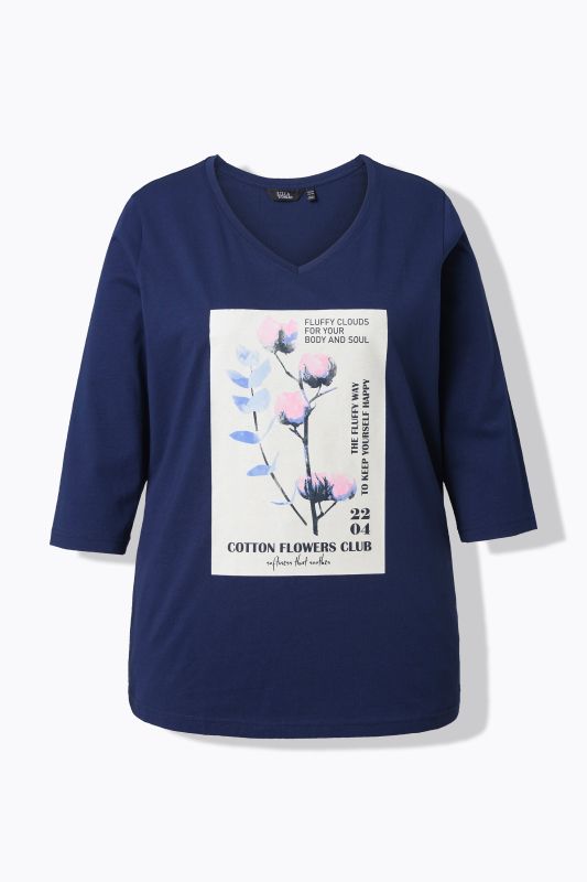 T-shirt motif branche de coton, coupe Classic Fit, décolleté en V et manches 3/4
