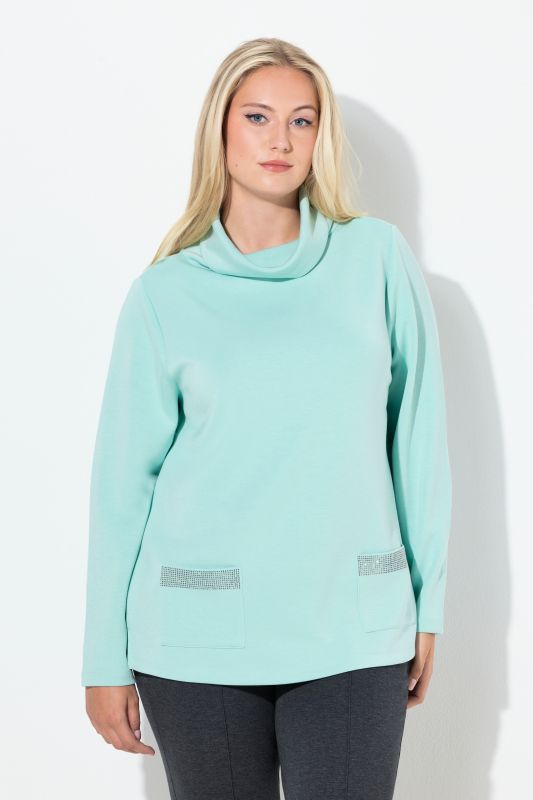 Sweat-shirt à col montant et manches longues, coupe boxy, strass sur les poches