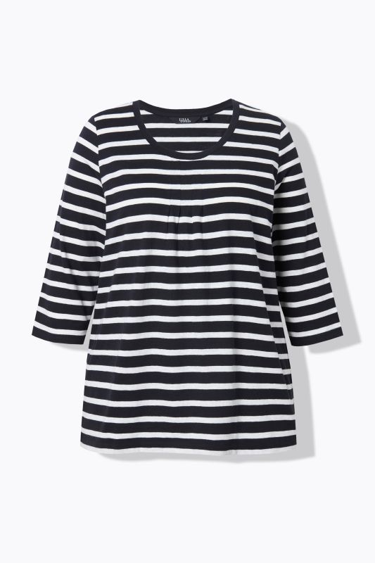 T-shirt rayé avec plis fantaisie, col rond et manches 3/4, coupe évasée