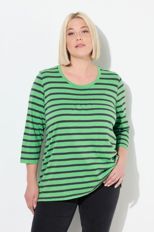 T-shirt rayé avec plis fantaisie, col rond et manches 3/4, coupe évasée
