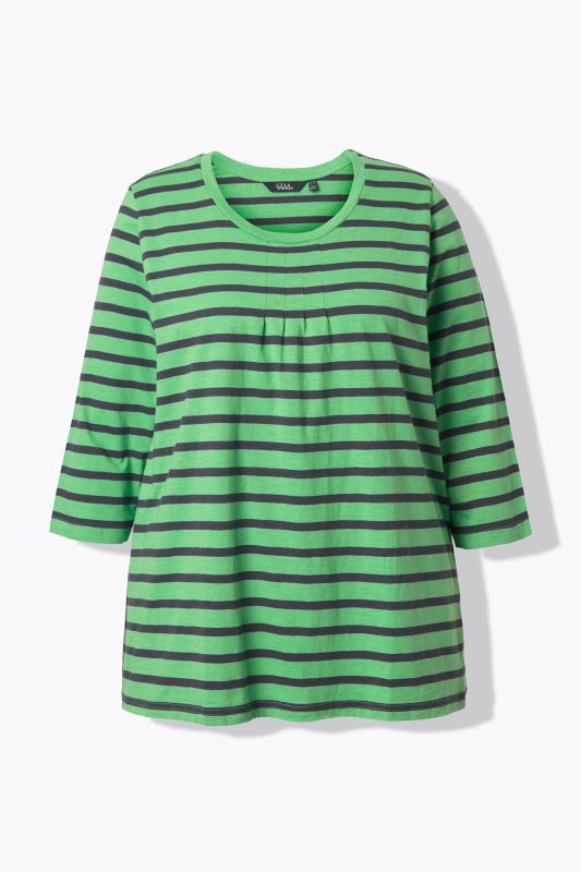 T-shirt rayé avec plis fantaisie, col rond et manches 3/4, coupe évasée