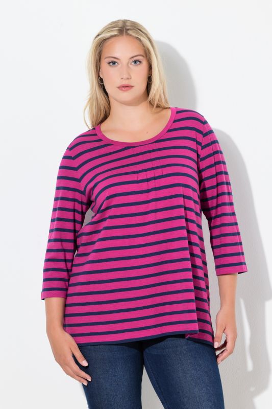 T-shirt rayé avec plis fantaisie, col rond et manches 3/4, coupe évasée